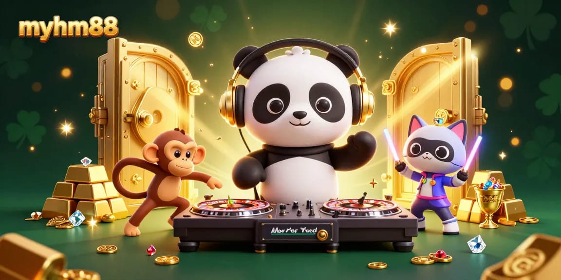 Experience the excitement of myhm88 with a vibrant 3D casino scene featuring animated characters and rich gaming elements.