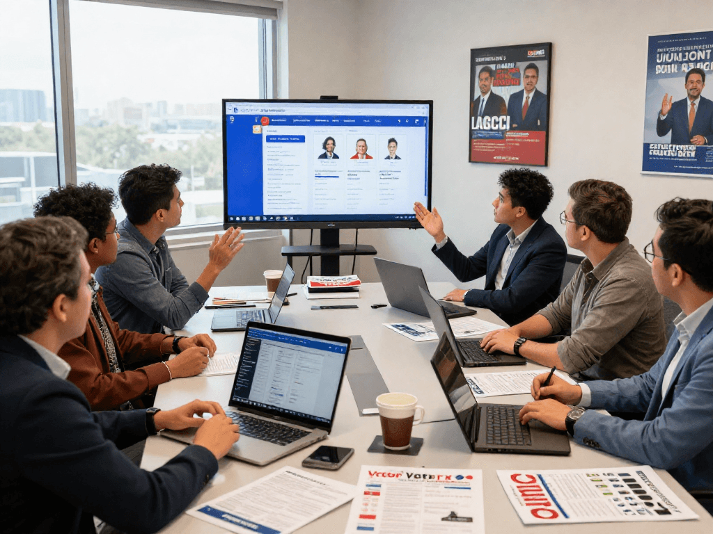 facebook ads for candidates strategy session with campaign team discussing insights and data in modern office