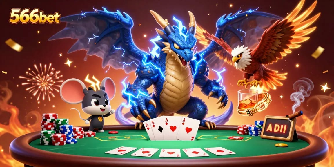 Engage in thrilling action with 566bet's cartoon heroes at an electrifying poker table.