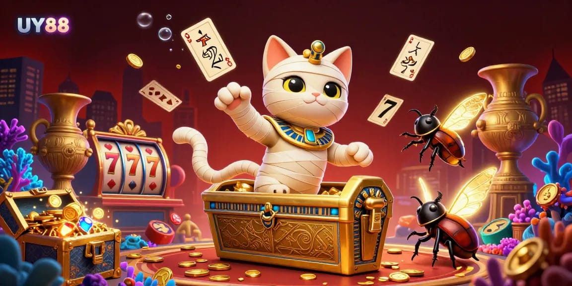Engage in thrilling gameplay at UY88, with a dynamic scene featuring a cartoon mummy cat and gaming elements.