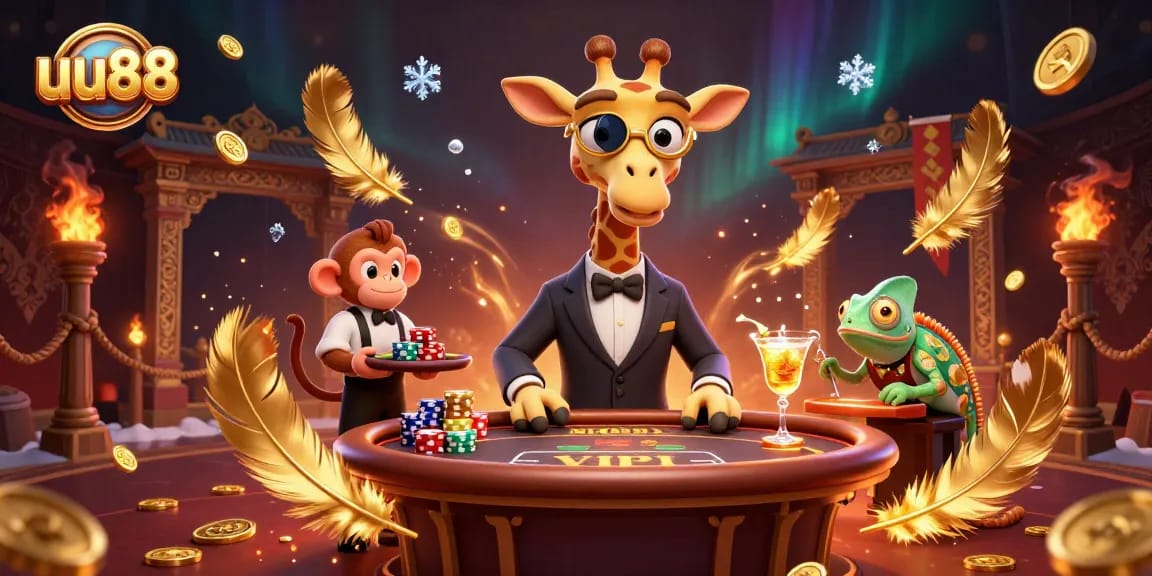 Experience thrilling gameplay at uu88 with a high-rolling giraffe and vibrant casino elements in a dynamic scene.