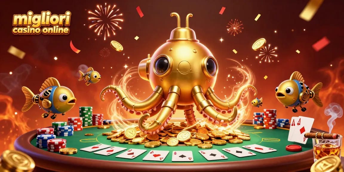 I migliori casino online mostrano un Kraken d'oro immerso in una cascata di monete.