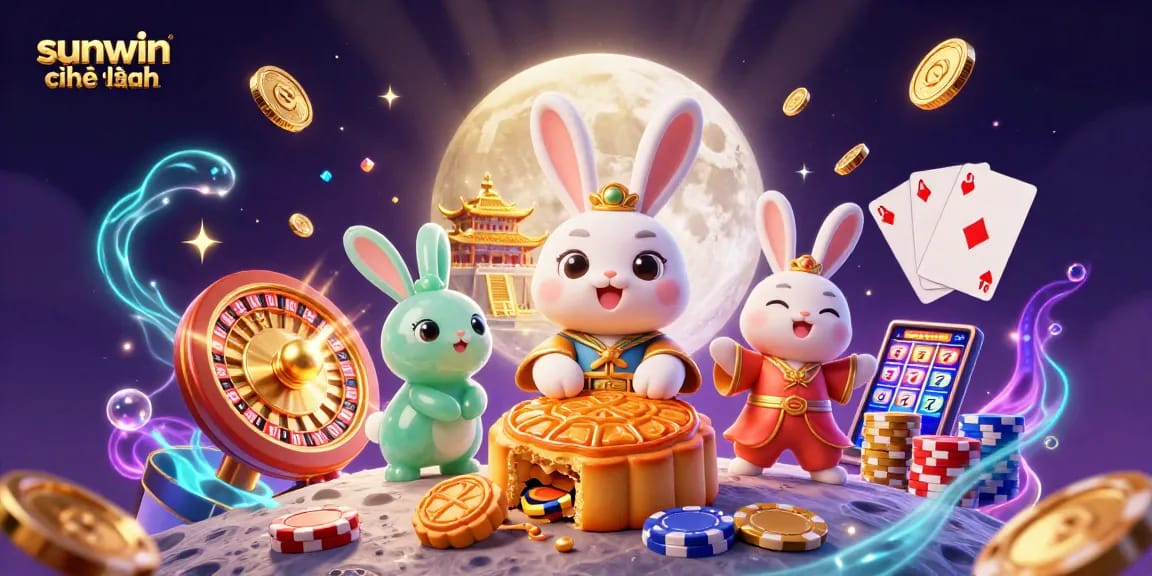 Engage with sunwin chính hãng as the moon rabbit celebrates with poker chips and jackpots in a vibrant scene.
