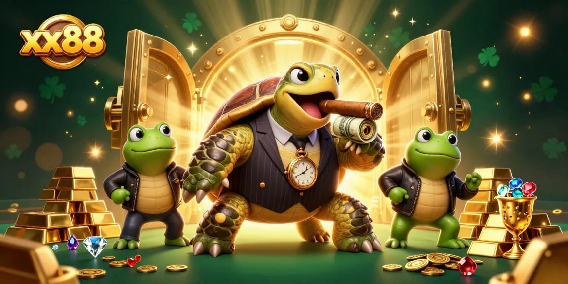 Experience the thrill of xx88 with a dynamic casino scene featuring a cartoon turtle and bullfrog enforcers amidst treasure.