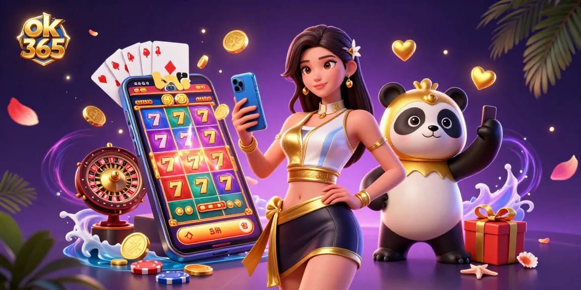 Engage with thrilling casino action at ok 365 with an elegant woman and a playful panda mascot.