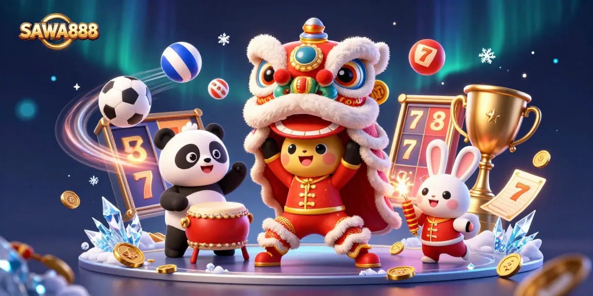 SAWA888 showcases fun and excitement with a colorful lion dance and engaging gaming elements.