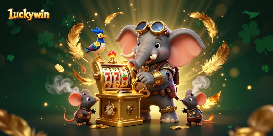 Spin the golden slot machine in the Luckywin casino realm, featuring vibrant characters and thrilling elements.