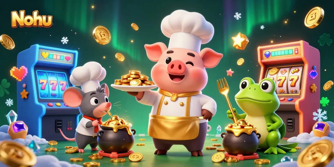 Nohu showcases a dynamic 3D casino scene with fun characters interacting with slot machines and gold coins.