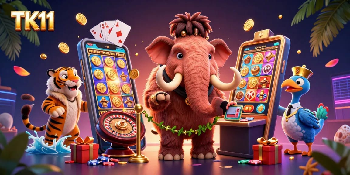 TK11 casino scene depicting a woolly mammoth bouncer checking IDs with a saber-tooth tiger guest
