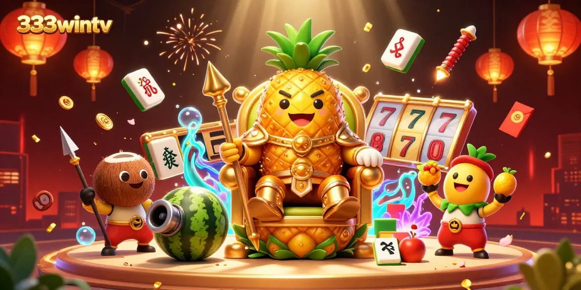 Experience the thrilling world of 333wintv with an illustration featuring a golden pineapple king and dynamic gambling elements.