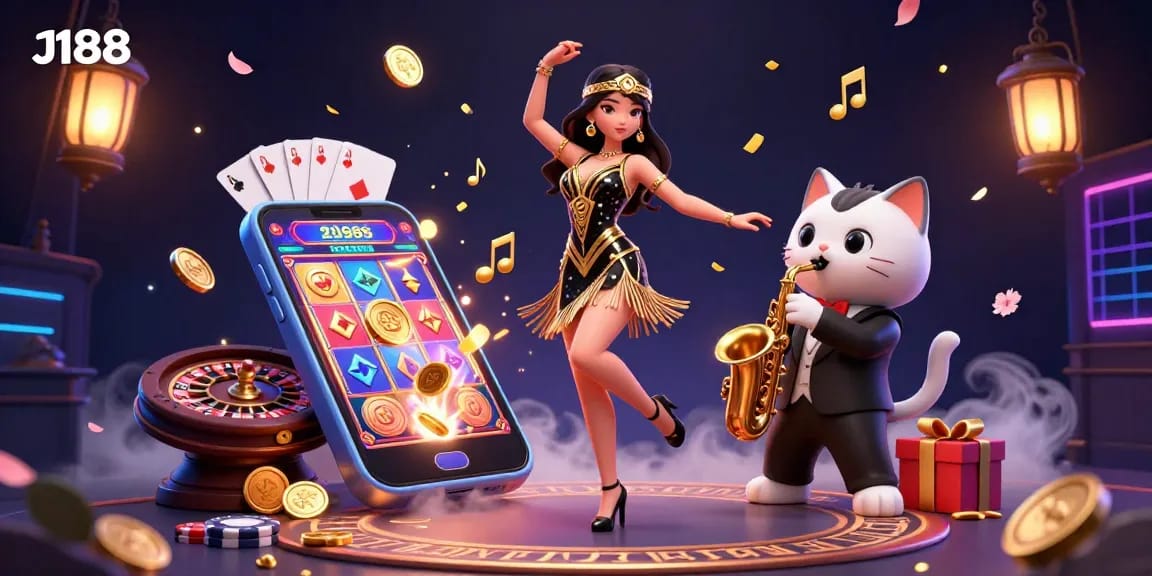 Experience thrilling gaming with J188 through a vibrant 3D digital scene featuring slots, dance, and exciting characters.