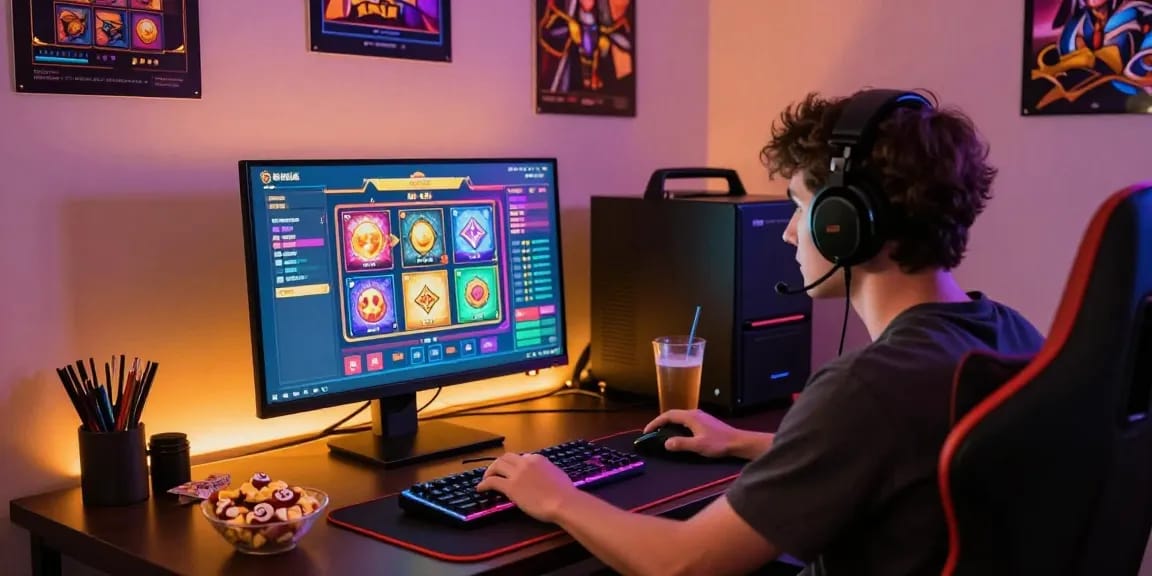 Engaging gaming environment showcasing situs slot online experience with vibrant visuals and modern accessories.