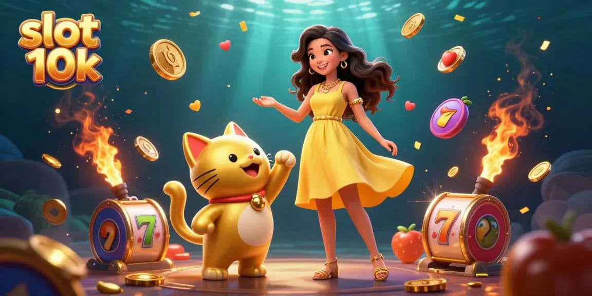 Engage with the vibrant slot 10k scene featuring joyful characters and dynamic slot game elements.