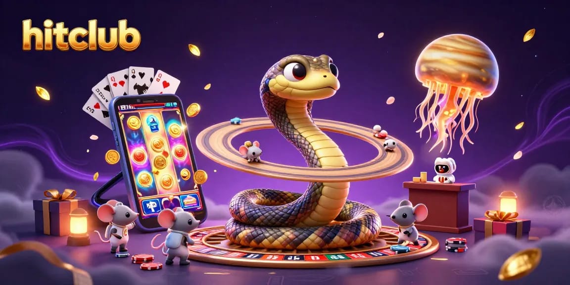 Win big with hitclub's vibrant gaming scene featuring a cosmic roulette and animated characters.