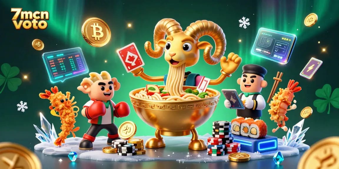 Engage in the action with 7mcn voto's vibrant casino scene featuring a giant ramen bowl and crypto elements.