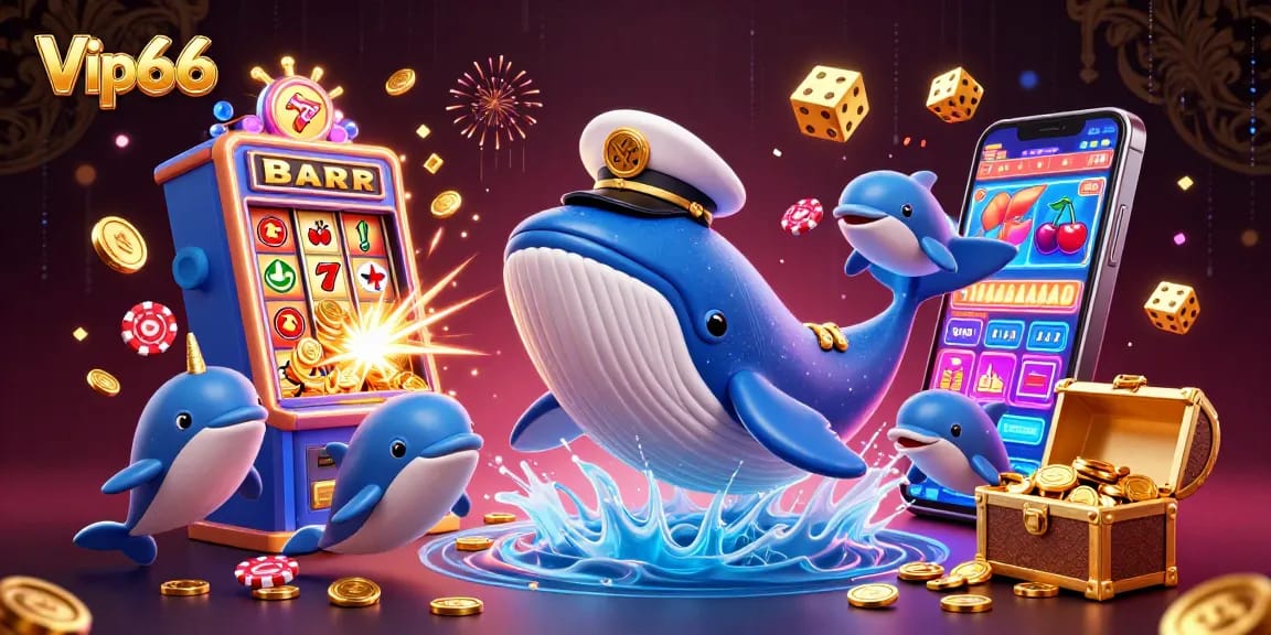Experience thrilling gameplay at Vip66 with a lively 3D scene of casino fun, including a whale, narwhal, and dolphins.