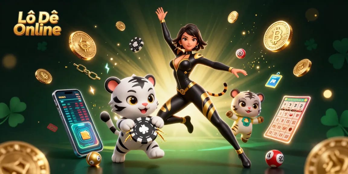 Lô Đề Online inspires luck with a dynamic 3D scene showcasing a woman and a baby tiger playing in a vibrant casino world.