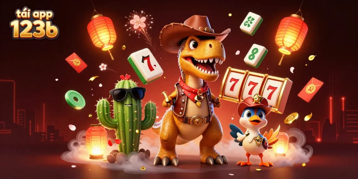 Engage with tải app 123b through a vibrant casino scene featuring a cowboy T-Rex and game elements.