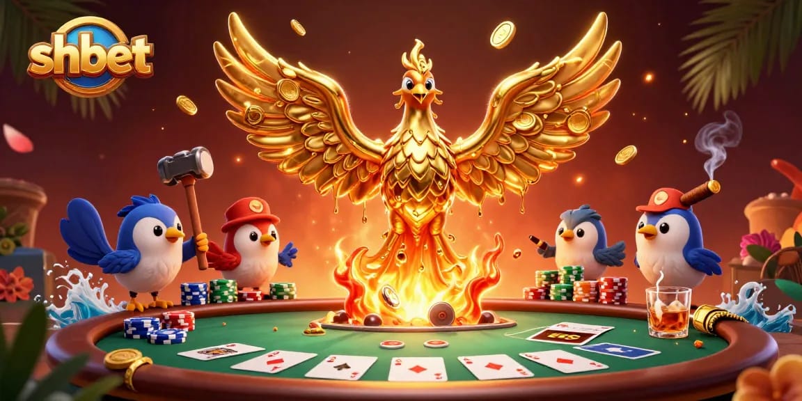 shbet showcases a captivating scene with a molten golden phoenix amidst poker elements and vibrant casino visuals.