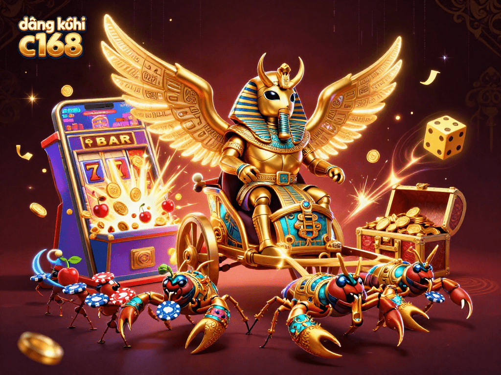 Experience a thrilling jackpot with đăng ký c168 featuring a golden scarab and dynamic casino elements.