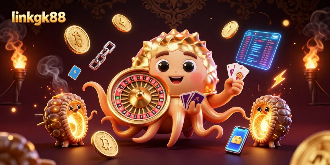 Engage with linkgk88, a dynamic crypto casino scene featuring 3D nautilus and vibrant blockchain elements.