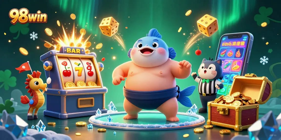 Win big with 98win at this exciting underwater casino scene featuring characters and vivid game elements.