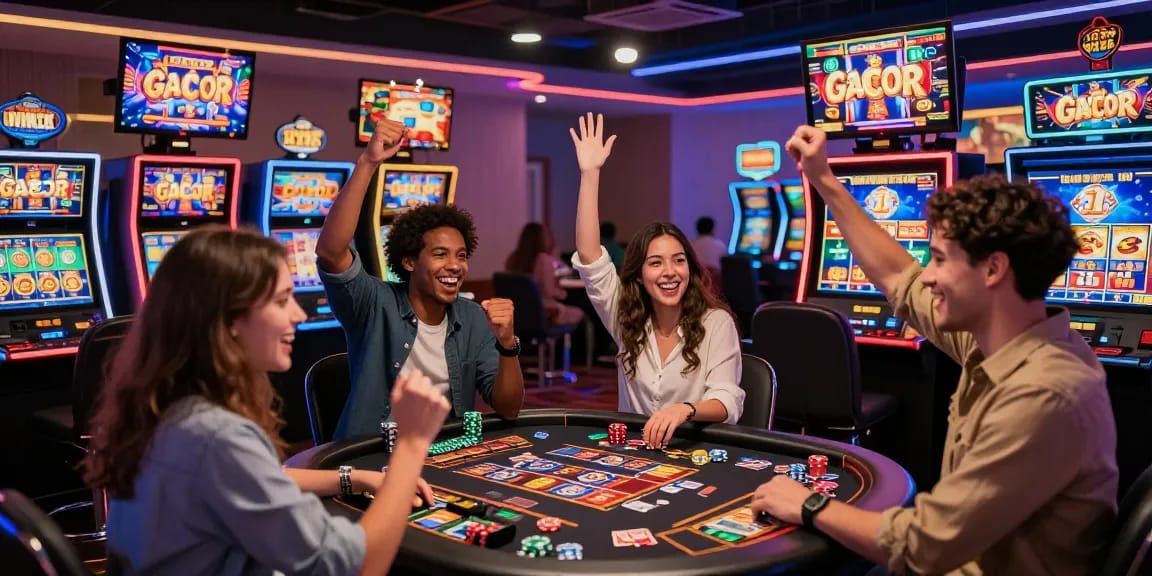 Players celebrating a win at a dynamic slot gacor gaming event with colorful casino ambiance.