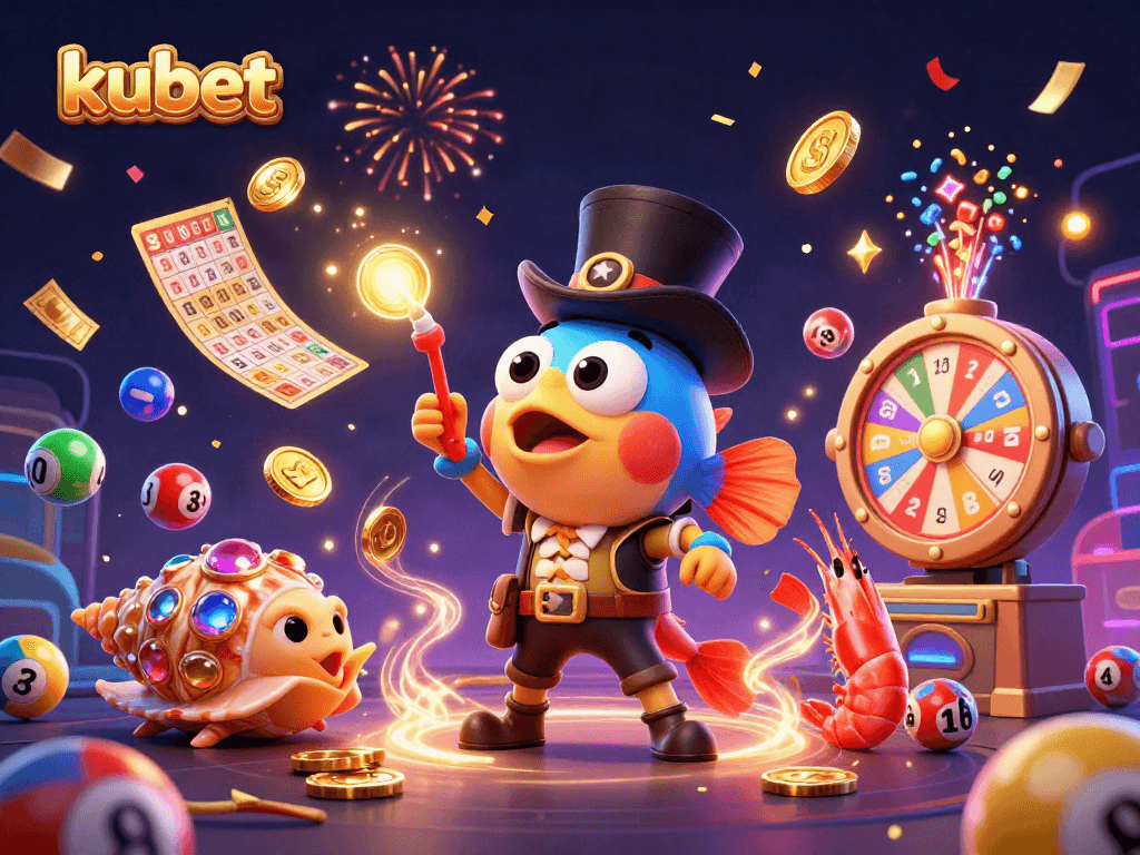 Engage with kubet gaming as a deep-sea anglerfish attracts coins surrounded by colorful elements.