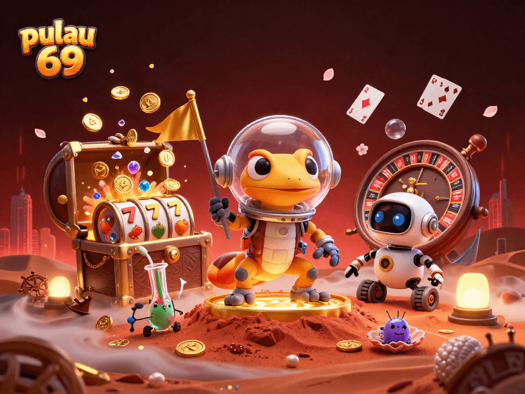 Experience the excitement of pulau 69 with a Martian gecko discovering a golden casino in a vibrant 3D scene.