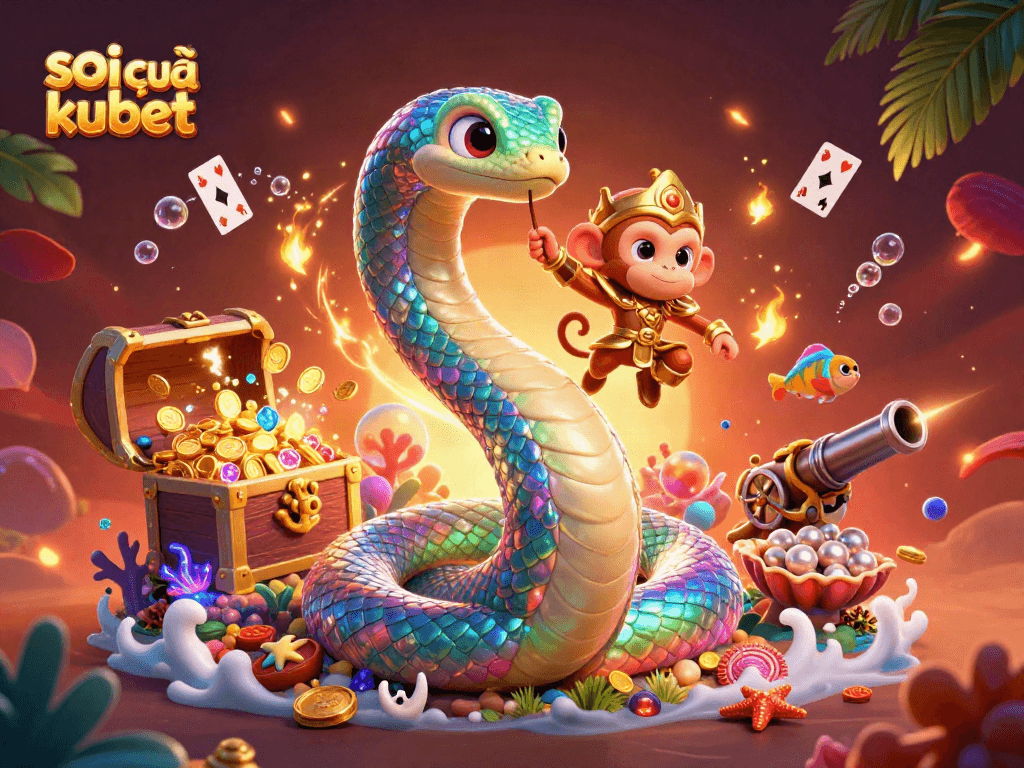 Engage with soi cầu kubet in a vibrant 3D scene featuring a rainbow serpent and casino elements.