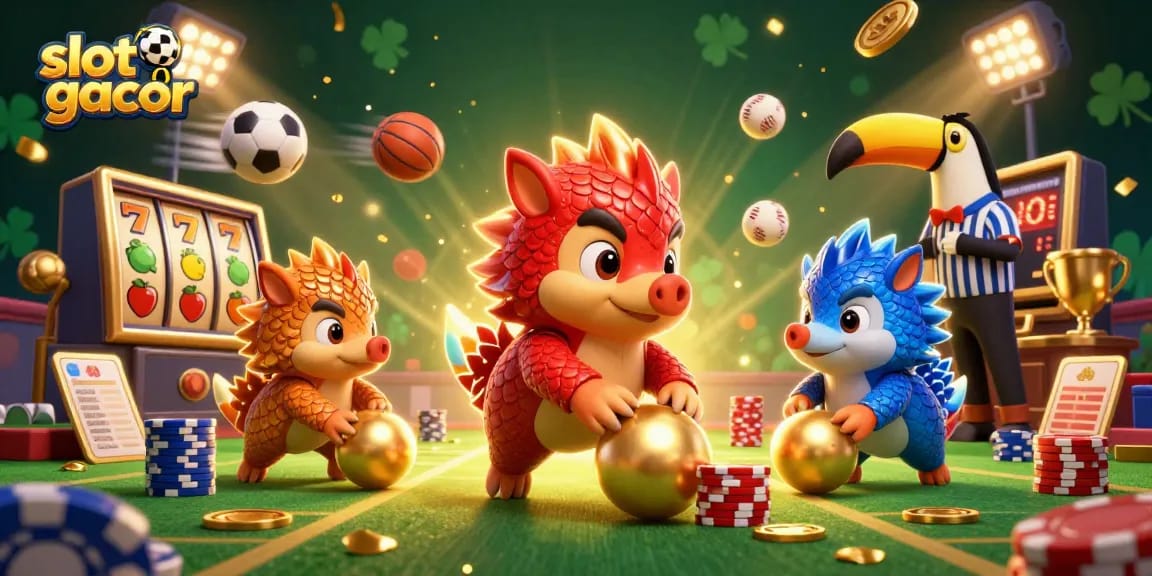 Experience slot gacor action with dynamic pangolins and golden jackpot reels amidst vibrant casino chaos.