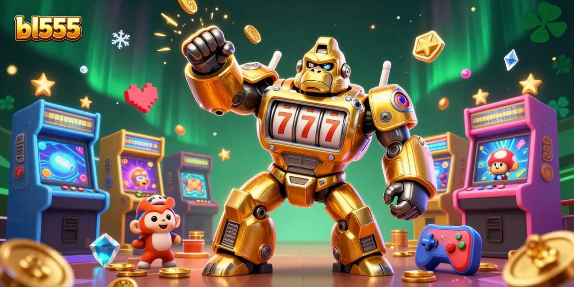 Experience bl555’s thrilling slot adventure with a colossal golden gorilla mech and stunning arcade elements.