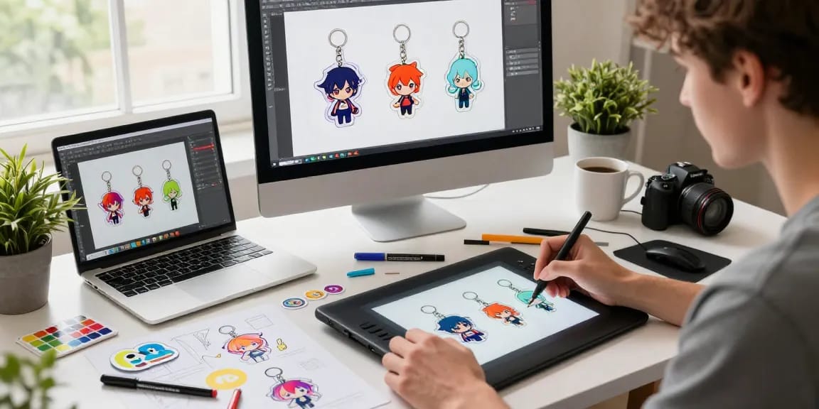 Custom acrylic keychain designs created by a designer in a vibrant workspace.