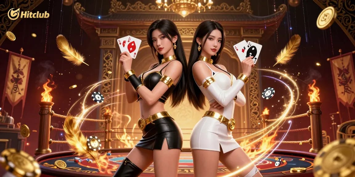 Hitclub features a stunning duo of Asian women, engaged in action with playing cards against a rich casino backdrop.