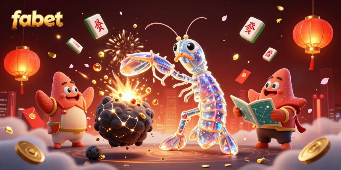 Win big with Fabet as a galactic samurai shrimp explores riches in this colorful casino-themed illustration.