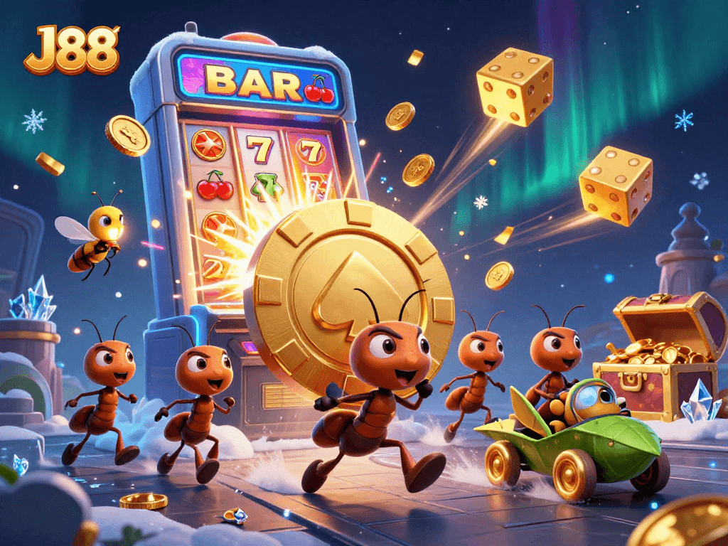 J88 ants carrying a huge poker chip amidst a vibrant casino explosion of coins and colors.
