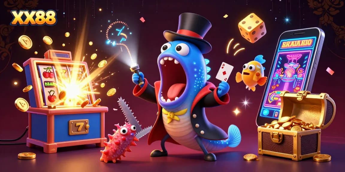 Experience thrilling gaming with XX88 in this vibrant 3D casino scene filled with excitement.