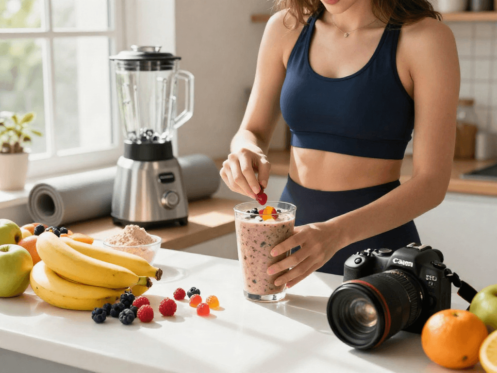Preparing a smoothie with Camino energy gummies and fresh fruits in a bright kitchen.
