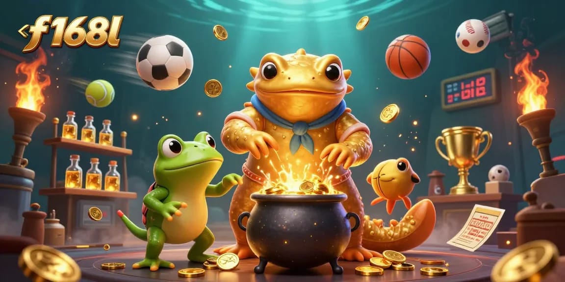 Experience f168l's exhilarating gaming adventure with a golden salamander and sports elements.