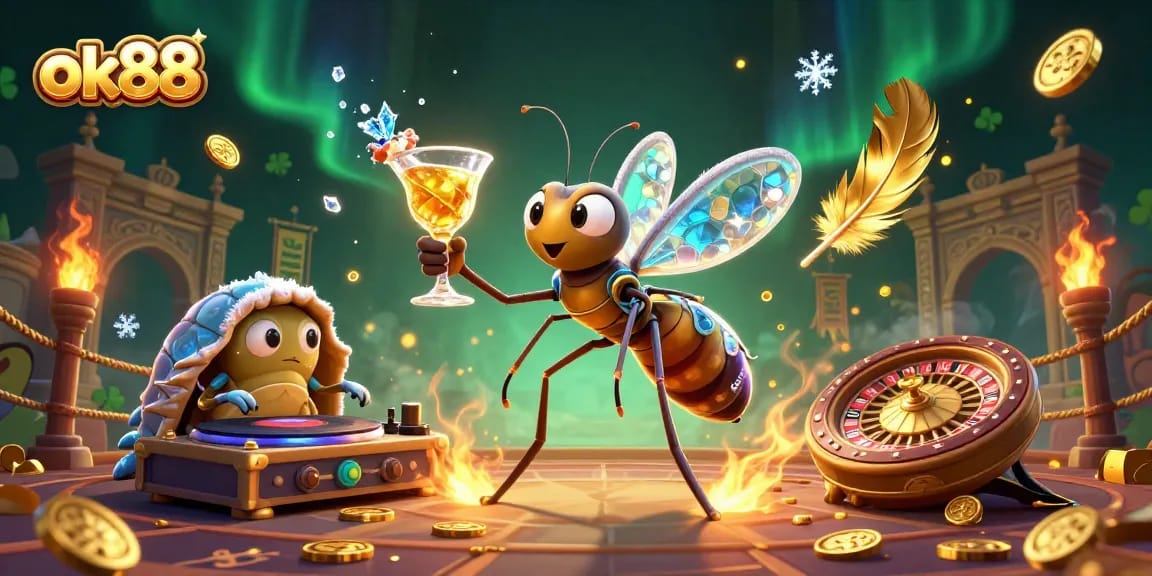 Embrace the thrill with ok88 as a playful mosquito mascot at a lively casino scene.
