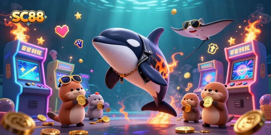 Experience SC88's thrilling gaming world with lively characters, vibrant arcade elements, and a dynamic underwater scene.