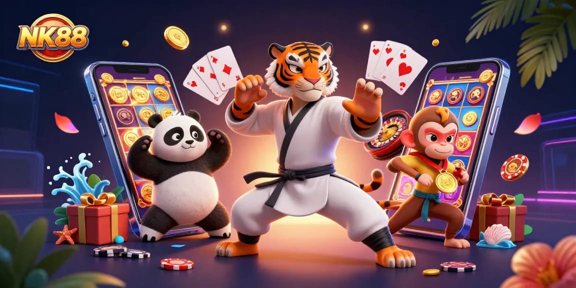 Win big at NK88 with our vibrant 3D illustration featuring a kung fu tiger, panda, and playful monkey in a lively casino scene.
