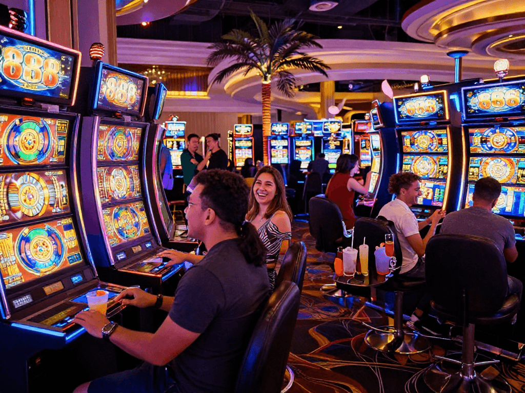 Friends enjoying exciting slot88 games in a lively casino atmosphere.