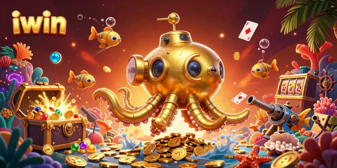 iwin promotions showcasing a golden kraken submarine amidst slot reels and treasure in a vibrant casino setting