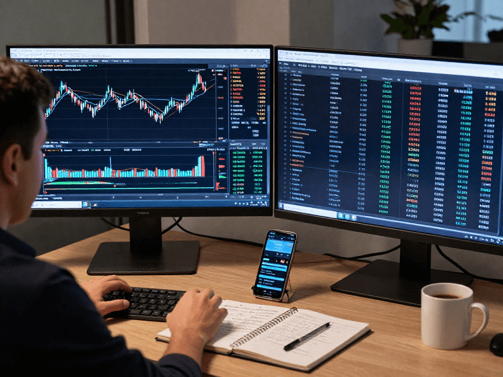 Trader using metatrader 5 software on multiple screens in a modern office environment.