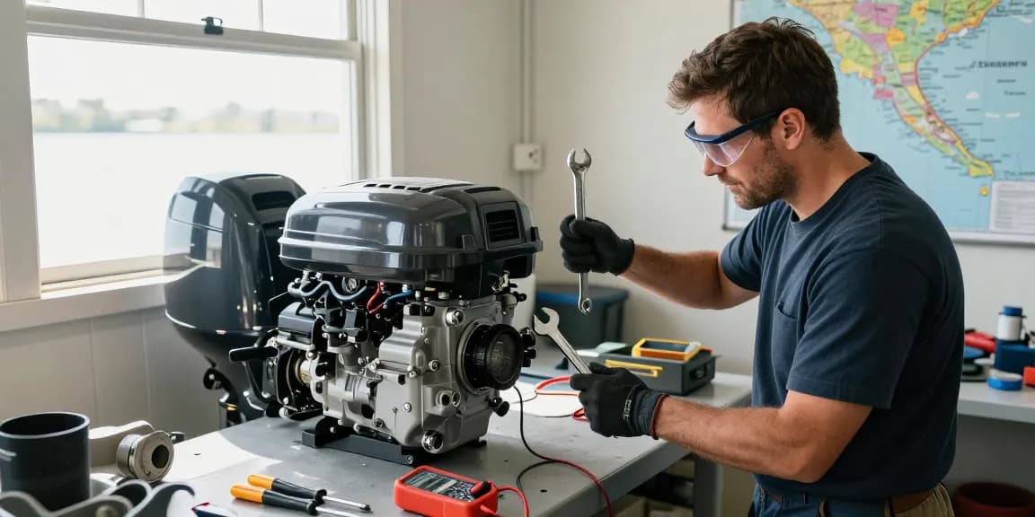 Technician inspecting a used outboard engine USA with tools, showcasing professional maintenance.