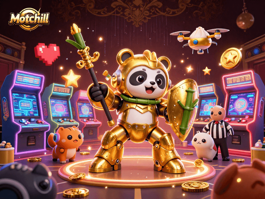 Experience thrilling gameplay at Motchill with golden panda in vibrant casino arena.