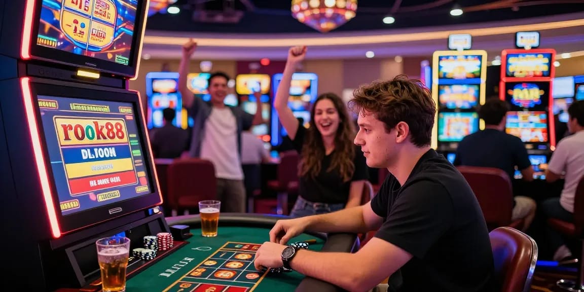 Experience the thrill of rokok88 slot login on vibrant casino gaming floor with excited players.