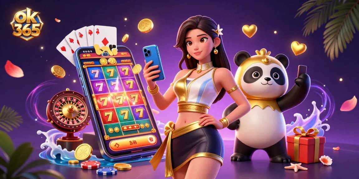 Engage with thrilling casino action at ok 365 with an elegant woman and a playful panda mascot.