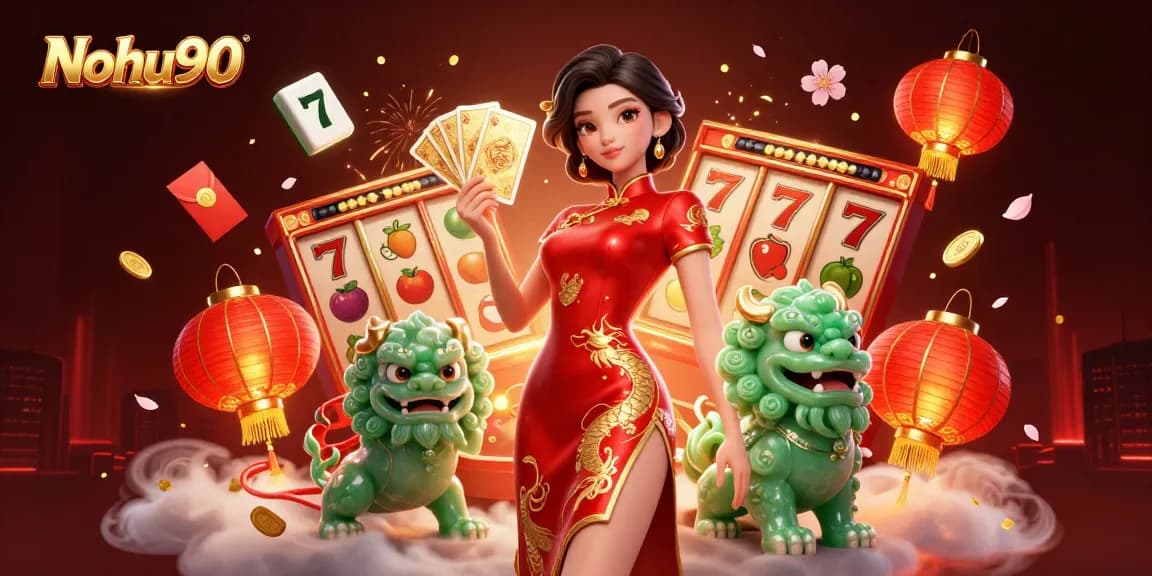 Nohu90 immersive slot gaming scene with a woman in qipao and lucky symbols